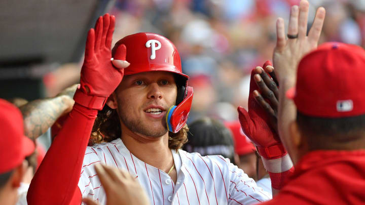 Jun 17, 2024; Philadelphia, Pennsylvania, USA; Philadelphia Phillies third base Alec Bohm (28) celebrates his home run in the dugout during the fifth inning against the San Diego Padres at Citizens Bank Park. Eric Hartline-USA TODAY Sports Jun 17, 2024; Philadelphia, Pennsylvania, USA; Philadelphia Phillies third base Alec Bohm (28) celebrates his home run in the dugout during the fifth inning against the San Diego Padres at Citizens Bank Park. Eric Hartline-USA TODAY Sports