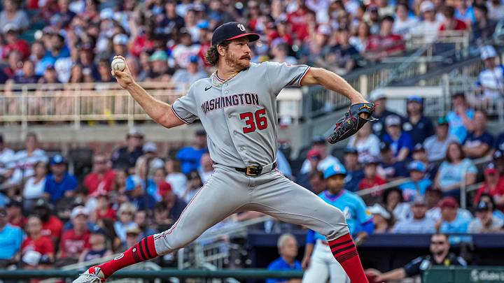 Aug 1, 2026; Cumberland, Georgia, USA; Washington Nationals pitcher Miles Mikolas (36) pitches against the Atlanta Braves during the second inning at Truist Park. Mandatory Credit: Dale Zanine-Imagn Images