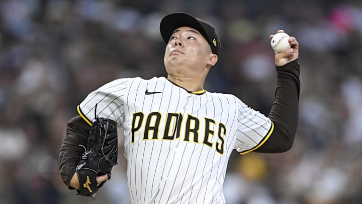 Yuki Matsui (1) delivers during the third inning against the Arizona Diamondbacks at Petco Park. Yuki Matsui (1) delivers during the third inning against the Arizona Diamondbacks at Petco Park.