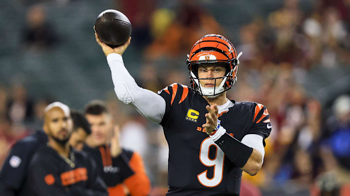 Sep 23, 2024; Cincinnati, Ohio, USA; Cincinnati Bengals quarterback Joe Burrow (9) throws a pass during warmups before the game against the Washington Commanders at Paycor Stadium. Mandatory Credit: Katie Stratman-Imagn Images Sep 23, 2024; Cincinnati, Ohio, USA; Cincinnati Bengals quarterback Joe Burrow (9) throws a pass during warmups before the game against the Washington Commanders at Paycor Stadium. Mandatory Credit: Katie Stratman-Imagn Images