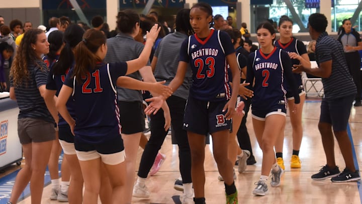Brentwood School shakes hands at the Cali Live girls basketball event in Ladera Ranch (Calif.) on June 14. Brentwood School shakes hands at the Cali Live girls basketball event in Ladera Ranch (Calif.) on June 14.