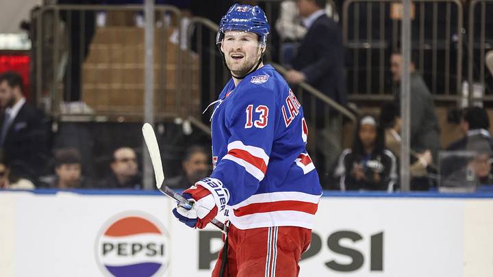 Feb 26, 2026; New York, New York, USA;  New York Rangers left wing Alexis Lafreniere (13) reacts after getting called for a penalty in the third period against the Philadelphia Flyers at Madison Square Garden. Mandatory Credit: Wendell Cruz-Imagn Images
