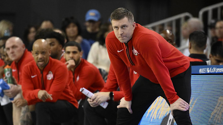 Feb 23, 2025; Los Angeles, California, USA; Ohio State Buckeyes head coach Jake Diebler during the second half against the UCLA Bruins at Pauley Pavilion presented by Wescom. Mandatory Credit: Robert Hanashiro-Imagn Images