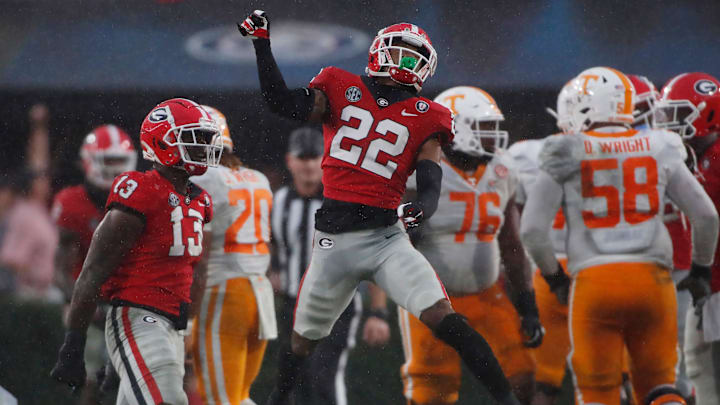 Georgia defensive back Javon Bullard (22) celebrates after sacking Tennessee quarterback Hendon Hooker.