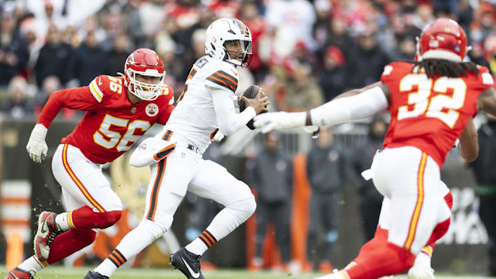 Dec 15, 2024; Cleveland, Ohio, USA; Cleveland Browns quarterback Jameis Winston (5) runs against the Kansas City Chiefs during the first quarter at Huntington Bank Field. Mandatory Credit: Scott Galvin-Imagn Images