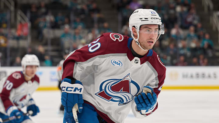 Oct 20, 2024; San Jose, California, USA; Colorado Avalanche center Ross Colton (20) skates on the ice against the San Jose Sharks during the third period at SAP Center at San Jose. Mandatory Credit: Robert Edwards-Imagn Images