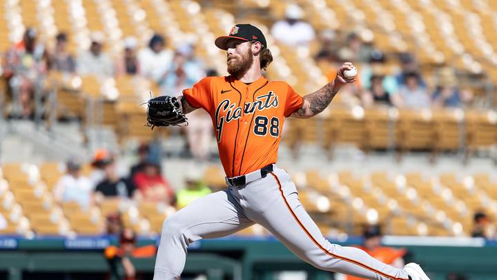 Mar 2, 2026; Phoenix, Arizona, USA; San Francisco Giants pitcher Carson Whisenhunt against the Chicago White Sox during a spring training game at Camelback Ranch-Glendale. Mandatory Credit: Mark J. Rebilas-Imagn Images