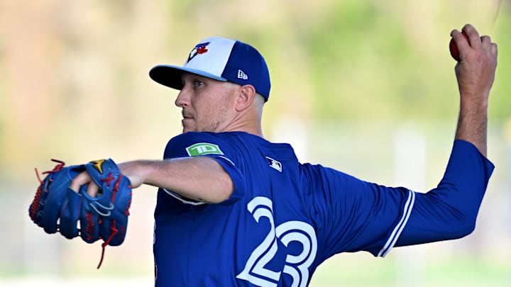 Toronto Blue Jays pitcher Jeff Hoffman (23) warms up during spring training at Cecil B. Englebert Complex on Feb 14. Toronto Blue Jays pitcher Jeff Hoffman (23) warms up during spring training at Cecil B. Englebert Complex on Feb 14.