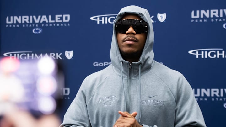 Defensive end Abdul Carter speaks to the media at Penn State's Pro Day in Holuba Hall on March 28, 2025, in State College. Defensive end Abdul Carter speaks to the media at Penn State's Pro Day in Holuba Hall on March 28, 2025, in State College.