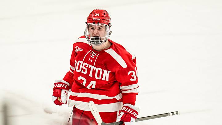 Feb 25, 2025; Storrs, CT, USA; Boston University forward Cole Eiserman (34) reacts after scoring against UConn in a shoot-out after the third period at Toscano Family Ice Forum. Mandatory Credit: David Butler II-Imagn Images