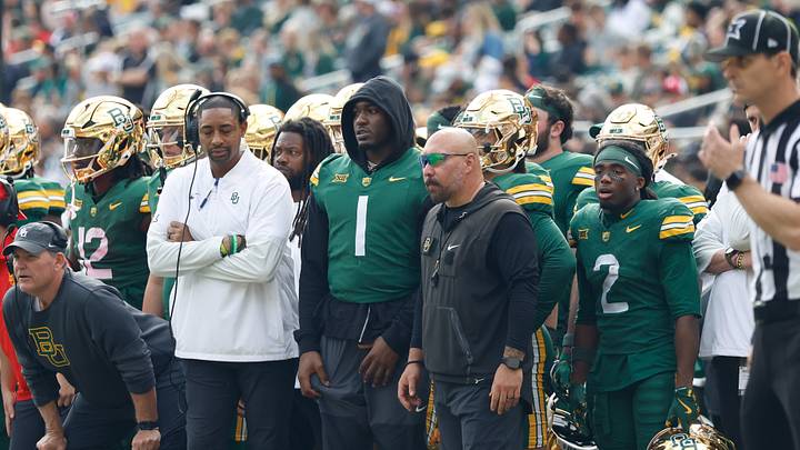 Nov 29, 2025; Waco, Texas, USA;  Baylor Bears tight end Michael Trigg (1) 