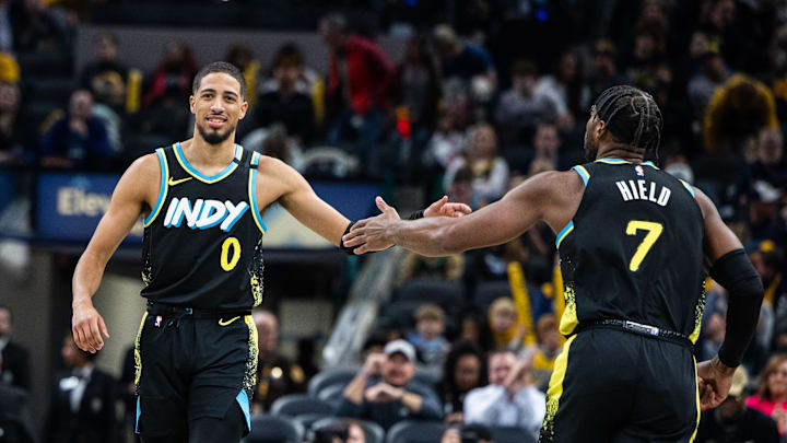 Dec 20, 2023; Indianapolis, Indiana, USA; Indiana Pacers guard Tyrese Haliburton (0) celebrates a