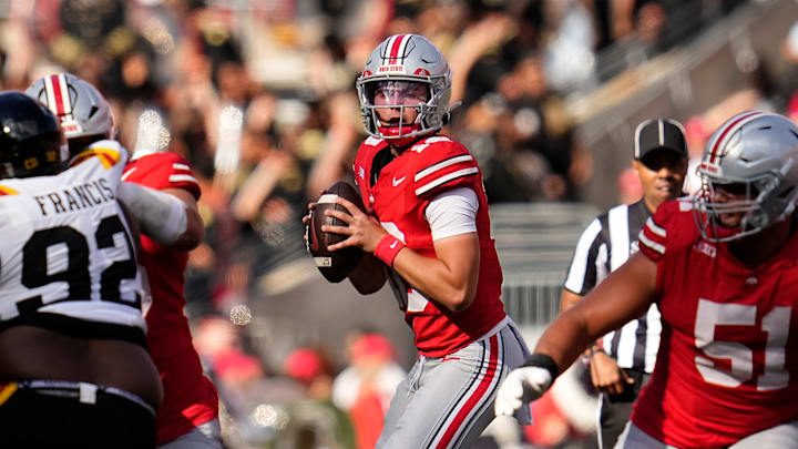 Ohio State Buckeyes quarterback Julian Sayin (10) looks to pass during the first half of the NCAA football game against the Grambling State Tigers at Ohio Stadium on Sept. 6, 2025.