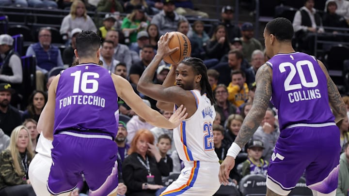 Jan 18, 2024; Salt Lake City, Utah, USA;  Oklahoma City Thunder guard Cason Wallace (22) protects