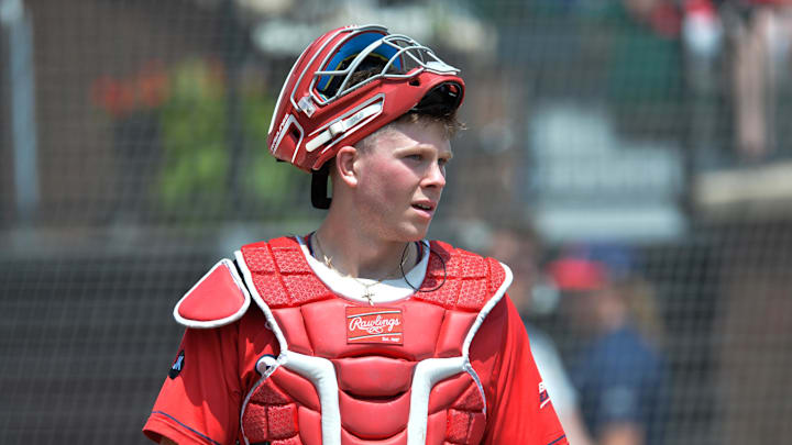 May 25, 2024; Mason, OH, USA; St. John’s baseball catcher Jimmy Keenan (34) looks for a call during the game against the St. John's Red Storm during the BIG EAST Baseball Tournament