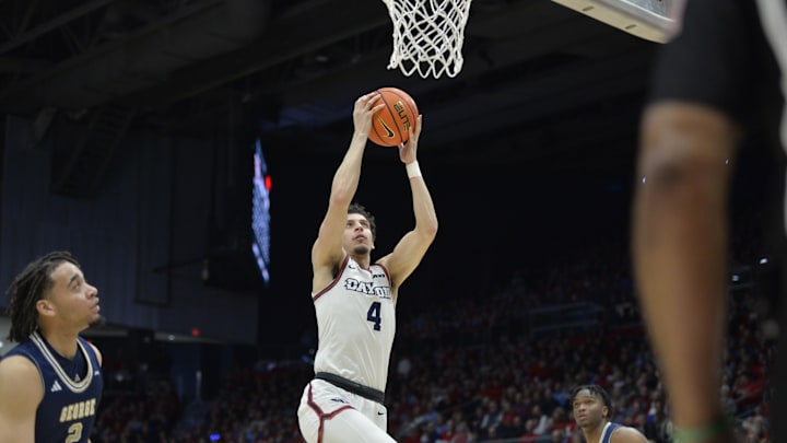 Jan 30, 2024; Dayton, Ohio, USA; Dayton Flyers guard Koby Brea (4) shoots the ball against George Washington. 