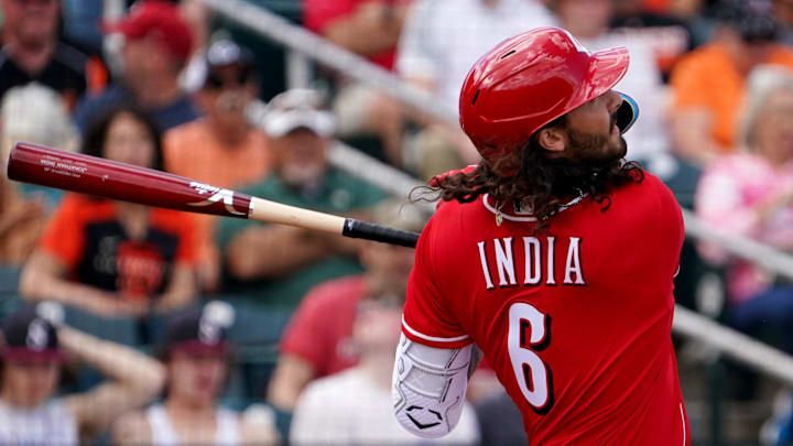 Cincinnati Reds second baseman Jonathan India (6) hits a home run during a spring training game.