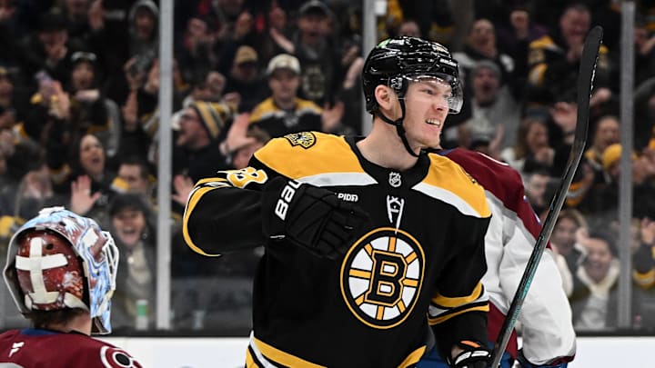 Jan 25, 2025; Boston, Massachusetts, USA; Boston Bruins center Morgan Geekie (39) reacts after scoring a goal on Colorado Avalanche goaltender Scott Wedgewood (41) during the third period at the TD Garden. Mandatory Credit: Brian Fluharty-Imagn Images