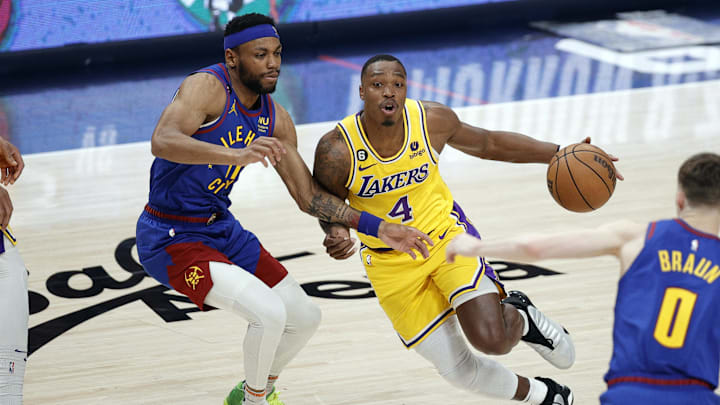 May 16, 2023; Denver, Colorado, USA; Los Angeles Lakers guard Lonnie Walker IV (4) controls the ball against Denver Nuggets forward Bruce Brown (11) in the second half during game one of the Western Conference Finals for the 2023 NBA playoffs at Ball Arena. Mandatory Credit: Isaiah J. Downing-Imagn Images May 16, 2023; Denver, Colorado, USA; Los Angeles Lakers guard Lonnie Walker IV (4) controls the ball against Denver Nuggets forward Bruce Brown (11) in the second half during game one of the Western Conference Finals for the 2023 NBA playoffs at Ball Arena. Mandatory Credit: Isaiah J. Downing-Imagn Images