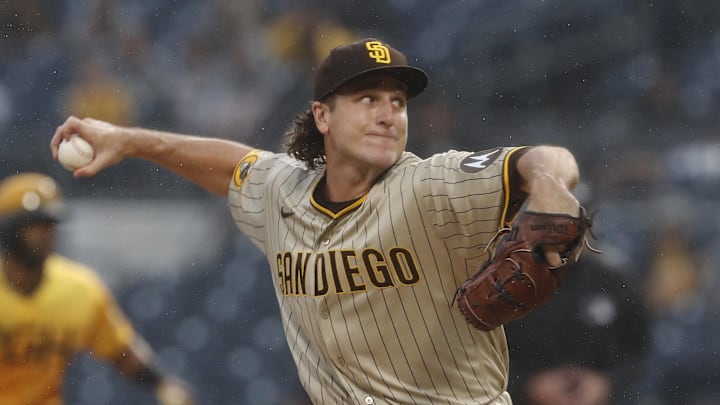 Jun 27, 2023; Pittsburgh, Pennsylvania, USA;  San Diego Padres starting pitcher Reiss Knehr (33) throws a pitch against the Pittsburgh Pirates during the first inning at PNC Park. Mandatory Credit: Charles LeClaire-Imagn Images