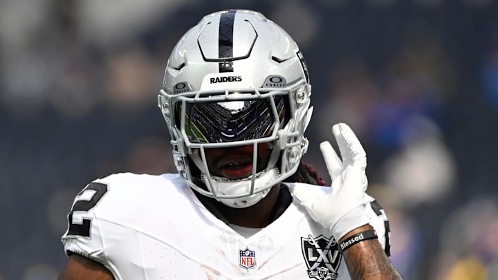 Oct 20, 2024; Inglewood, California, USA; Las Vegas Raiders running back Alexander Mattison (22) during an NFL game against the Los Angeles Rams at SoFi Stadium. Mandatory Credit: Robert Hanashiro-Imagn Images