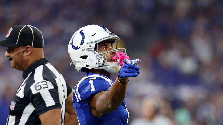 Oct 5, 2025; Indianapolis, Indiana, USA; Indianapolis Colts wide receiver Josh Downs (1) reacts after a play against the Las Vegas Raiders during the first quarter at Lucas Oil Stadium. Mandatory Credit: Trevor Ruszkowski-Imagn Images