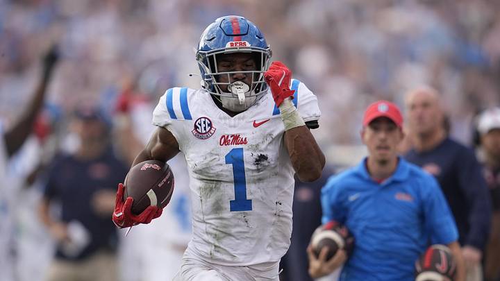 Oct 18, 2025; Athens, Georgia, USA;  Mississippi Rebels wide receiver De'Zhaun Stribling (1) runs for a touchdown against the Georgia Bulldogs during the second half of the game at Sanford Stadium. Mandatory Credit: Dale Zanine-Imagn Images