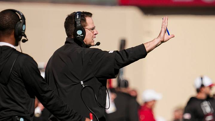 Indiana Hoosiers head coach Curt Cignetti motions during the NCAA football game against the Ohio State Buckeyes at Memorial Stadium Stadium in Bloomington, Ind. on Oct. 17, 2026. Indiana Hoosiers head coach Curt Cignetti motions during the NCAA football game against the Ohio State Buckeyes at Memorial Stadium Stadium in Bloomington, Ind. on Oct. 17, 2026.