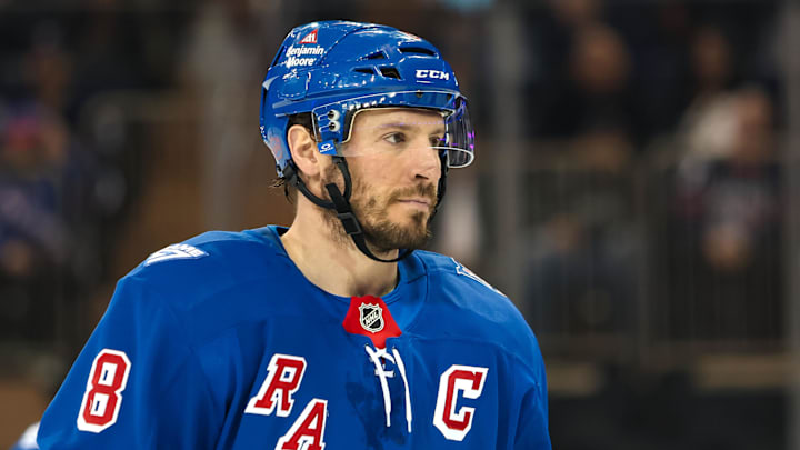 Apr 5, 2026; New York, New York, USA; New York Rangers center J.T. Miller (8) skates against the Washington Capitals during the second period at Madison Square Garden. Mandatory Credit: Danny Wild-Imagn Images