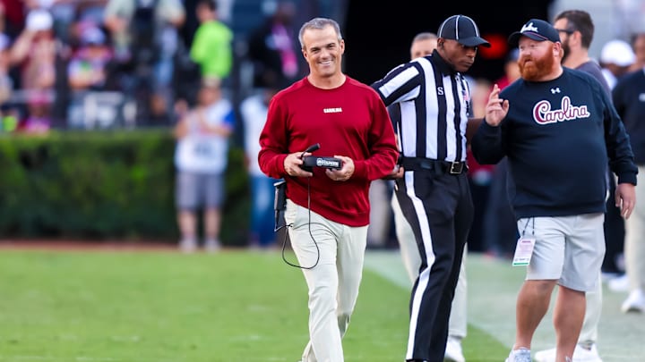 Oct 25, 2025; Columbia, South Carolina, USA; South Carolina Gamecocks head coach Shane Beamer reacts to a play against the Alabama Crimson Tide in the second quarter at Williams-Brice Stadium. Mandatory Credit: Jeff Blake-Imagn Images
