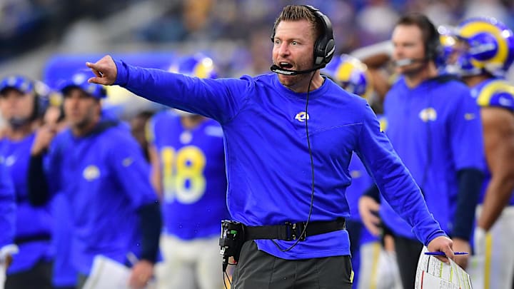 Dec 5, 2021; Inglewood, California, USA; Los Angeles Rams head coach Sean McVay watches game action against the Jacksonville Jaguars during the second half at SoFi Stadium. Mandatory Credit: Gary A. Vasquez-Imagn Images Dec 5, 2021; Inglewood, California, USA; Los Angeles Rams head coach Sean McVay watches game action against the Jacksonville Jaguars during the second half at SoFi Stadium. Mandatory Credit: Gary A. Vasquez-Imagn Images