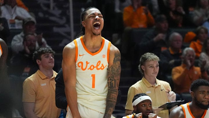 Tennessee guard Amari Evans (1) yells in celebration during a NCAA basketball game between Tennessee and Texas A&M at Thompson-Boling Arena at Food City Center in Knoxville, Tenn., on Jan. 13, 2026.