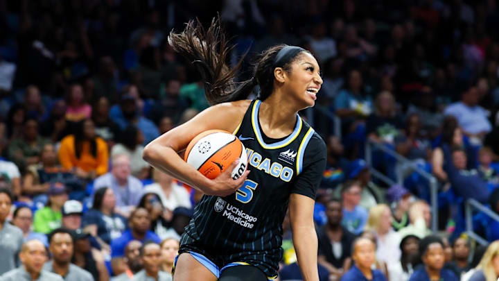 May 15, 2024; Arlington, Texas, USA;  Chicago Sky forward Angel Reese (5) laughs during the second half against the Dallas Wings at College Park Center. Mandatory Credit: Kevin Jairaj-Imagn Images