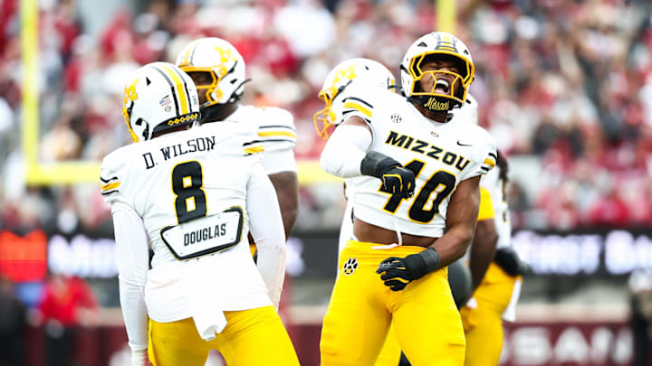 Nov 22, 2025; Norman, Oklahoma, USA;  Missouri Tigers linebacker Josiah Trotter (40) reacts during the first quarter against the Oklahoma Sooners at Gaylord Family-Oklahoma Memorial Stadium. 