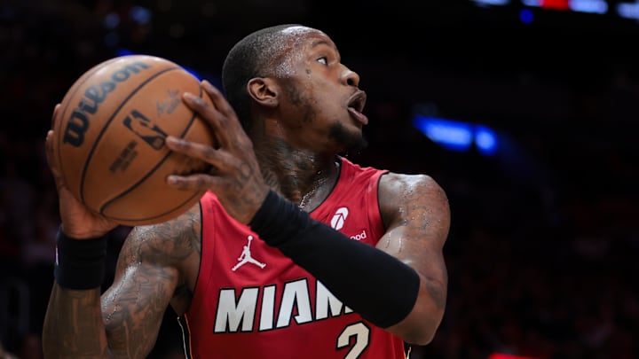 Jan 21, 2025; Miami, Florida, USA; Miami Heat guard Terry Rozier (2) protects the basketball against the Portland Trail Blazers during the first quarter at Kaseya Center. Mandatory Credit: Sam Navarro-Imagn Images