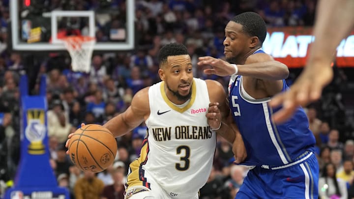 Dec 4, 2023; Sacramento, California, USA; New Orleans Pelicans guard CJ McCollum (3) dribbles
