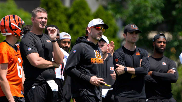 Bengals head coach Zach Taylor, left, and offensive coordinator Dan Pitcher watch their team during OTAs on Tuesday, May 28, 2024, at the Kettering Health Practice Fields outside of Paycor Stadium. Bengals head coach Zach Taylor, left, and offensive coordinator Dan Pitcher watch their team during OTAs on Tuesday, May 28, 2024, at the Kettering Health Practice Fields outside of Paycor Stadium.