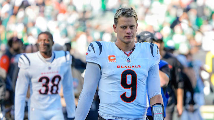 Cincinnati Bengals quarterback Joe Burrow (9) walks off the field at Paycor Stadium on Sunday October 27, 2024. The Bengals lost to the Philadelphia Eagles 37-17 and remain winless at home.