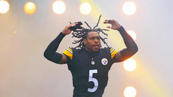 Nov 2, 2025; Pittsburgh, Pennsylvania, USA; Pittsburgh Steelers cornerback Jalen Ramsey (5) enters the field before the game against the Indianapolis Colts at Acrisure Stadium. Mandatory Credit: Charles LeClaire-Imagn Images