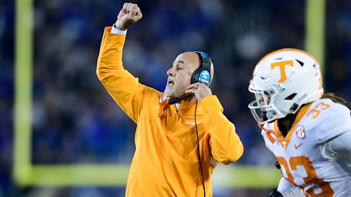 Tennessee Secondary Coach Willie Martinez calls during an SEC football game between Tennessee and Tennessee Secondary Coach Willie Martinez calls during an SEC football game between Tennessee and