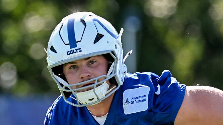 Indianapolis Colts linebacker Bryce Boettcher (50) participates in a drill on day two of training camp 