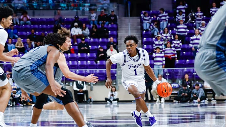 TCU guard Jayden Pierre (1) drives to the basket in the Horned Frogs' 72-53 win over Oral Roberts on Dec. 18, 2025 from Schollmaier Arena in Fort Worth, TX. 