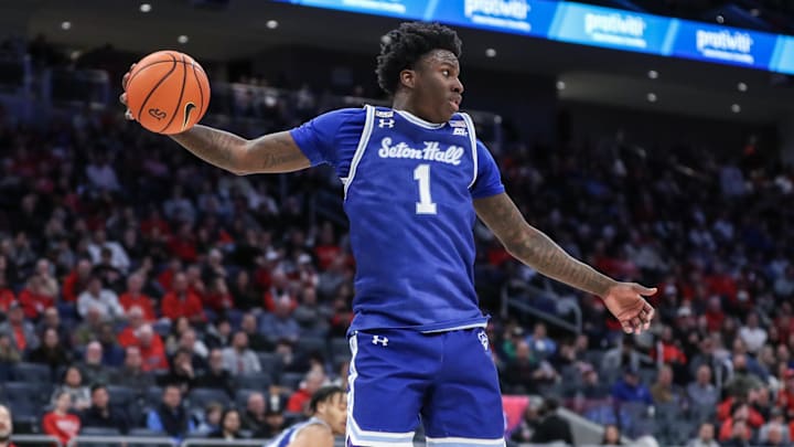 Feb 18, 2024; Elmont, New York, USA;  Seton Hall Pirates guard Kadary Richmond (1) grabs a rebound