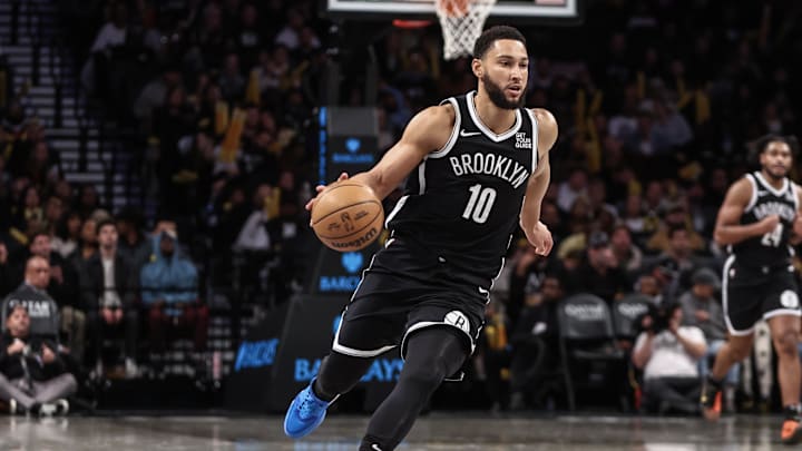 Nov 3, 2024; Brooklyn, New York, USA;  Brooklyn Nets guard Ben Simmons (10) brings the ball up court in the third quarter against the Detroit Pistons at Barclays Center. Mandatory Credit: Wendell Cruz-Imagn Images