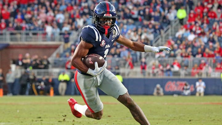 Dec 20, 2025; Oxford, MS, USA; Mississippi Rebels wide receiver De'Zhaun Stribling (1) runs after a catch for a touchdown during the third quarter against the Tulane Green Wave at Vaught-Hemingway Stadium. Mandatory Credit: Petre Thomas-Imagn Images