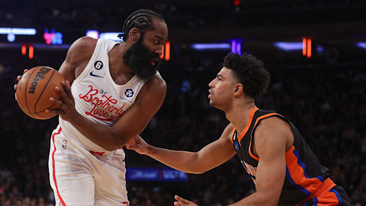 Dec 25, 2022; New York, New York, USA; Philadelphia 76ers guard James Harden (1) shields the ball from New York Knicks guard Quentin Grimes (6) during the first half at Madison Square Garden. Mandatory Credit: Vincent Carchietta-Imagn Images