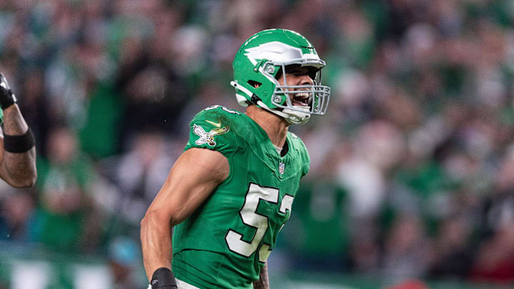 Nov 3, 2024; Philadelphia, Pennsylvania, USA; Philadelphia Eagles linebacker Zack Baun (53) reacts after his interception against the Jacksonville Jaguars during the second quarter at Lincoln Financial Field. Nov 3, 2024; Philadelphia, Pennsylvania, USA; Philadelphia Eagles linebacker Zack Baun (53) reacts after his interception against the Jacksonville Jaguars during the second quarter at Lincoln Financial Field.