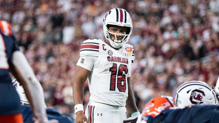 Dec 31, 2024; Orlando, FL, USA; South Carolina Gamecocks quarterback LaNorris Sellers (16) before the play call against the Illinois Fighting Illini in the fourth quarter at Camping World Stadium. Mandatory Credit: Jeremy Reper-Imagn Images Dec 31, 2024; Orlando, FL, USA; South Carolina Gamecocks quarterback LaNorris Sellers (16) before the play call against the Illinois Fighting Illini in the fourth quarter at Camping World Stadium. Mandatory Credit: Jeremy Reper-Imagn Images