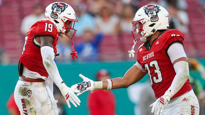 Dec 19, 2025; Tampa, FL, USA; NC State Wolfpack defensive back Tristan Teasdell (19) and linebacker Jr. Kenny Soares (33) react after a play against the Memphis Tigers in the second quarter during the Gasparilla Bowl at Raymond James Stadium. Mandatory Credit: Nathan Ray Seebeck-Imagn Images