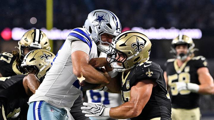 New Orleans Saints linebacker Jackson Sirmon (right) makes a tackle during a preseason game New Orleans Saints linebacker Jackson Sirmon (right) makes a tackle during a preseason game